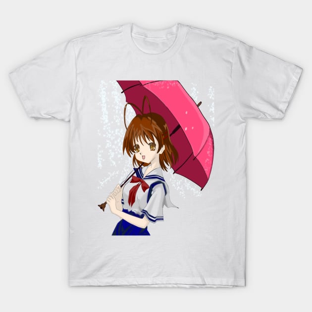 Nagisa from Clannad walking in the rain T-Shirt by plasticman402art